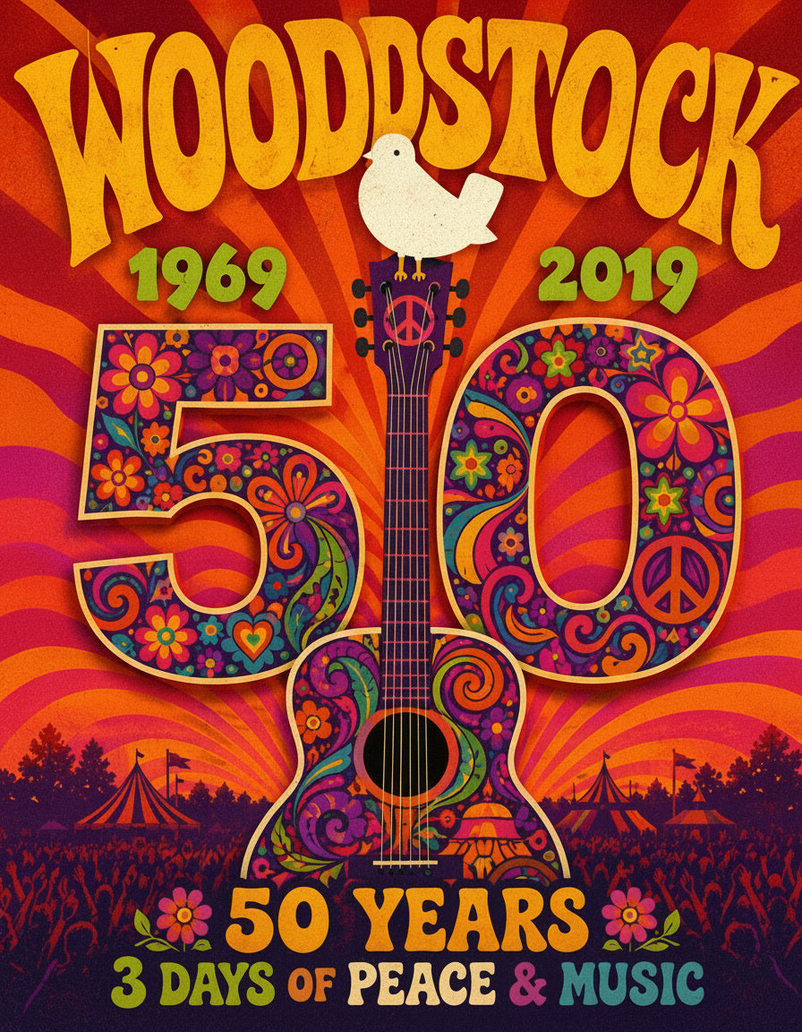 Woodstock 50 Years Wall Art – Retro Hippie Peace & Music Festival Poster