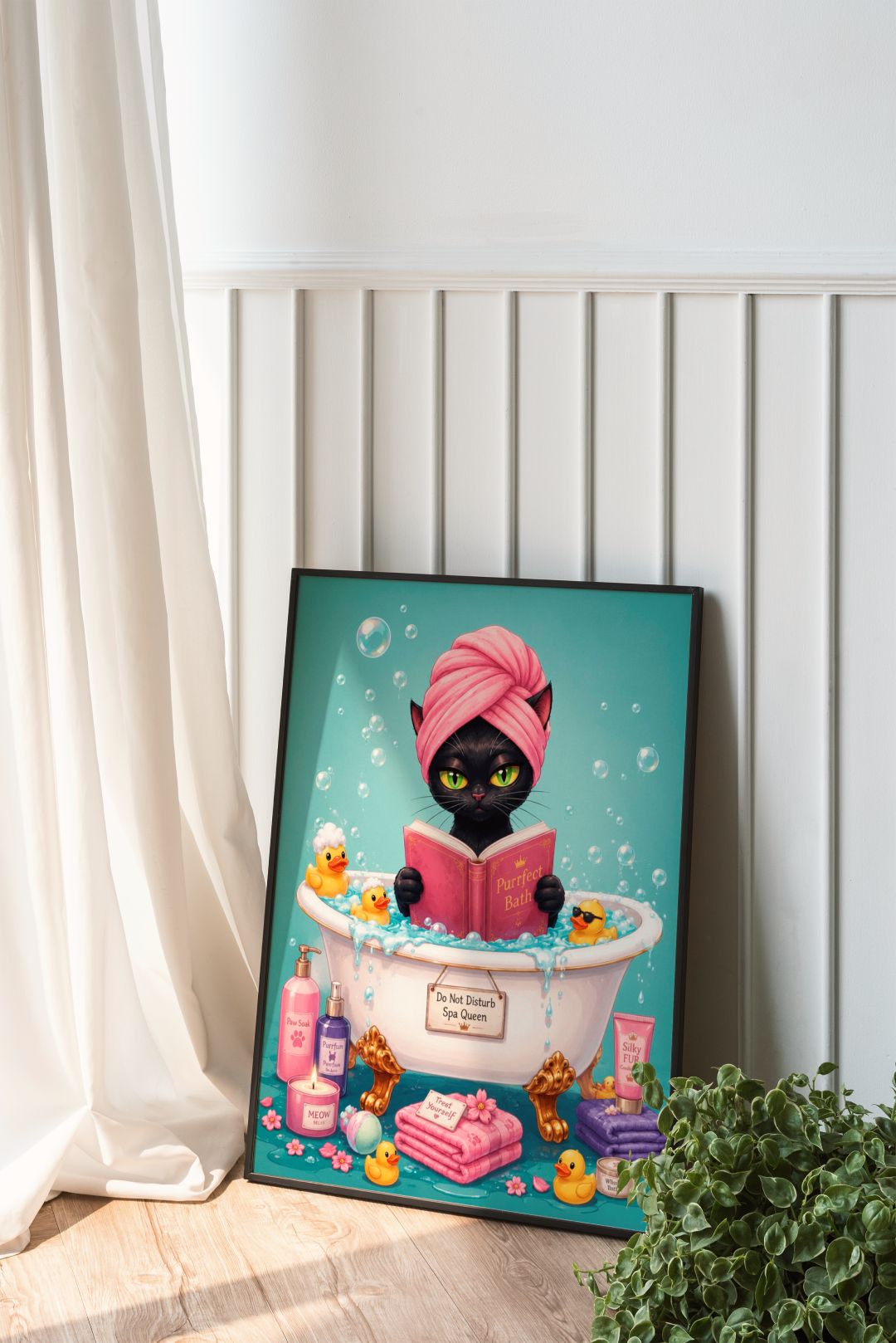 Black Cat Spa Wall Art - Funny Bathtub Poster - Whimsical Bathroom Decor