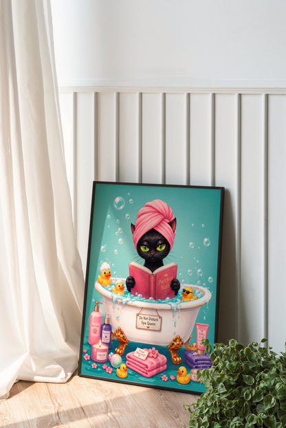 Black Cat Spa Wall Art - Funny Bathtub Poster - Whimsical Bathroom Decor