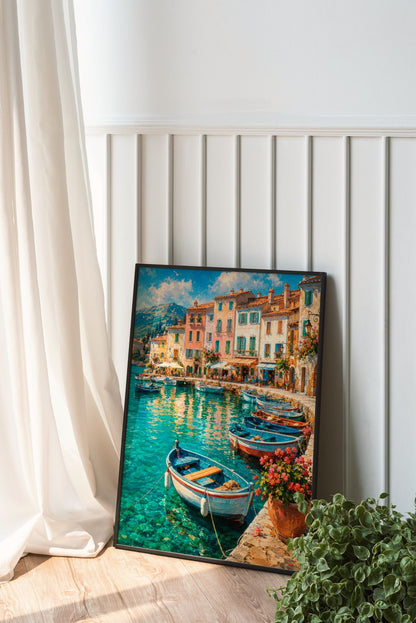 Mediterranean Harbor Wall Art – Colorful Coastal Village and Fishing Boats Poster