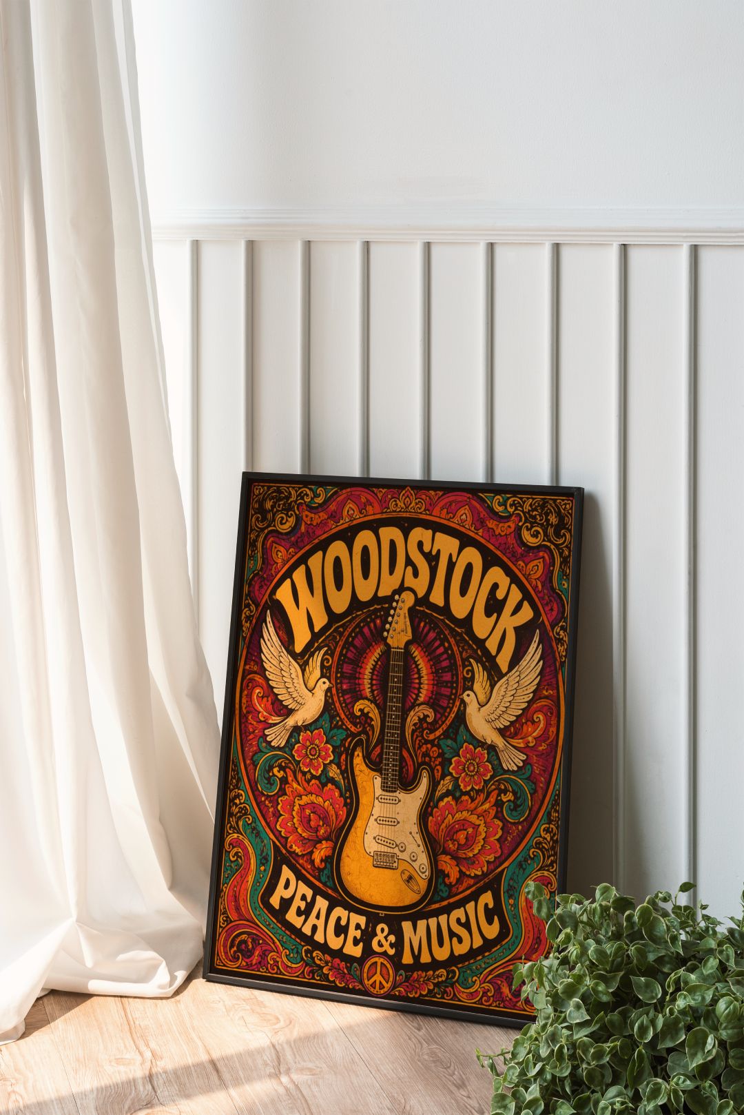 Woodstock Peace & Music Wall Art – Vintage Psychedelic Guitar Hippie Poster