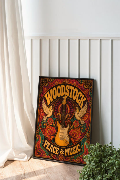 Woodstock Peace & Music Wall Art – Vintage Psychedelic Guitar Hippie Poster