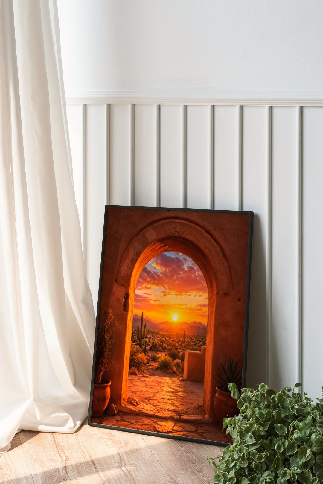 Southwest Desert Sunset Wall Art – Arizona Adobe Arch and Cactus Landscape Poster