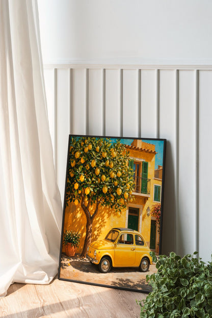 Italian Lemon Tree Wall Art – Vintage Mediterranean Yellow Car Tuscany Poster